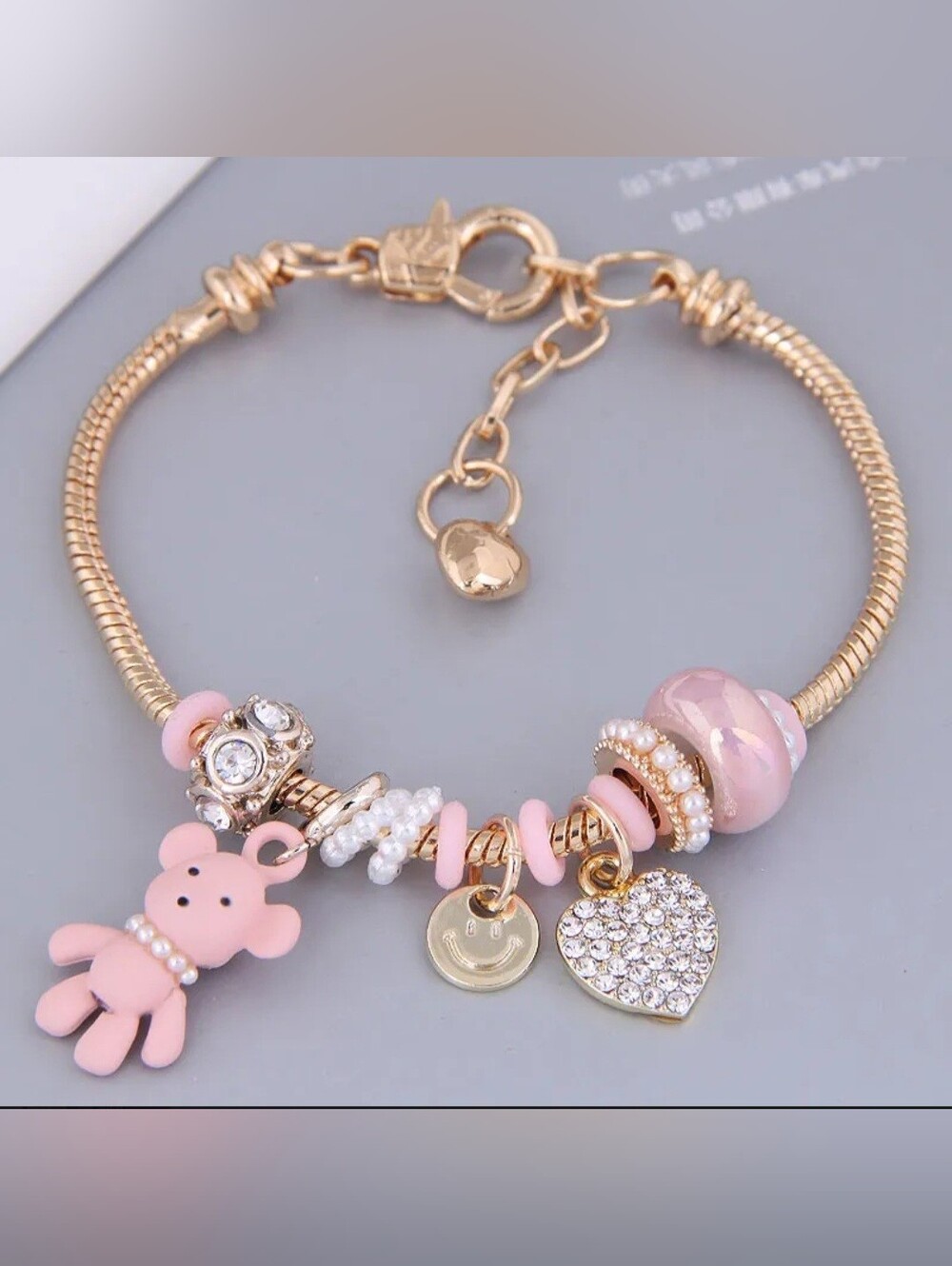 Heart and Teddy Bear Charm Bracelet Pink Zircon Heart Charm